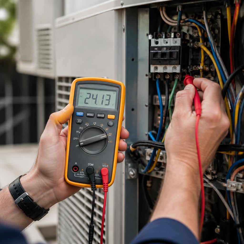 Technician taking electrical readings on an air handler